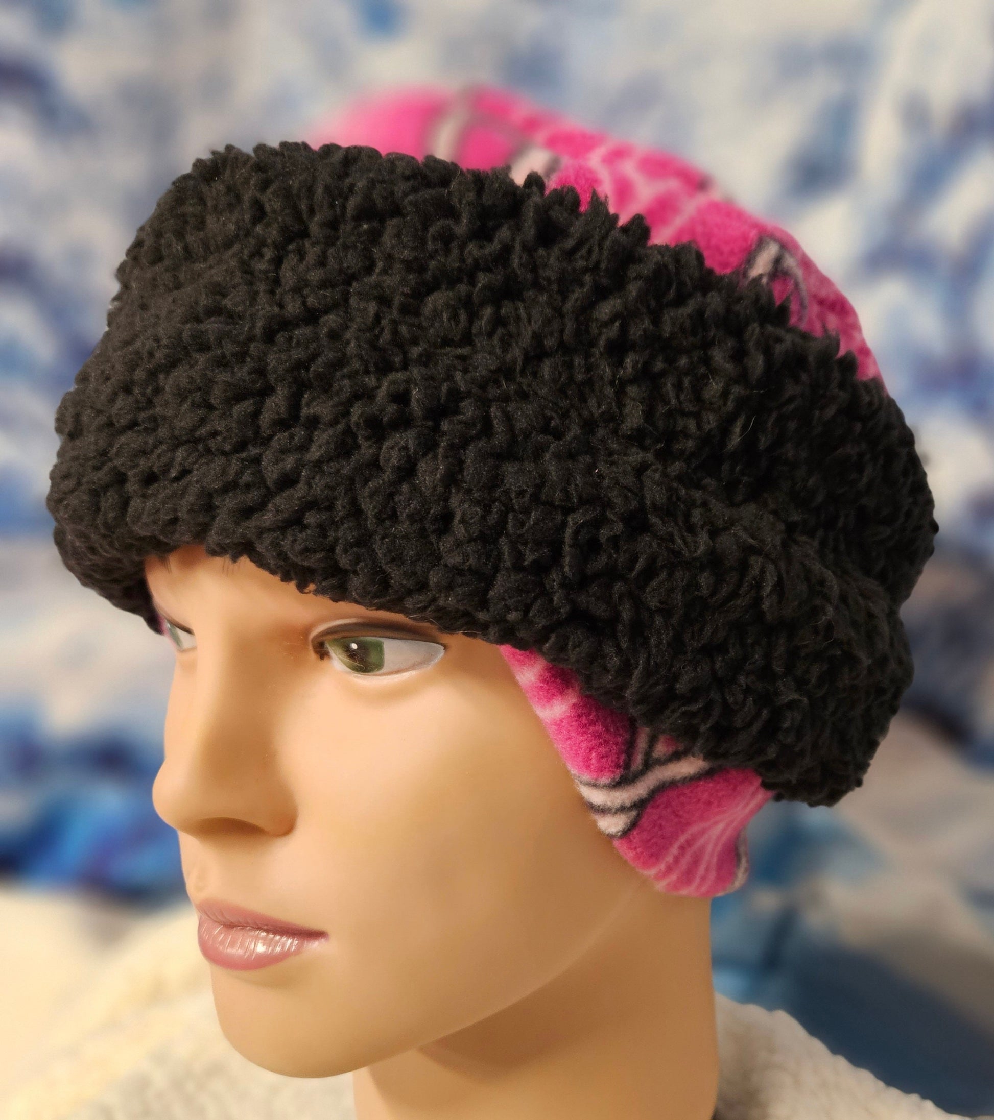 Pink with Ribbons and Black Sherpa Band Pillbox Style Hat with Ear Flaps, Women's Winter Hat, Hat with Fleece Top and Lining Fun Pillbox Hat