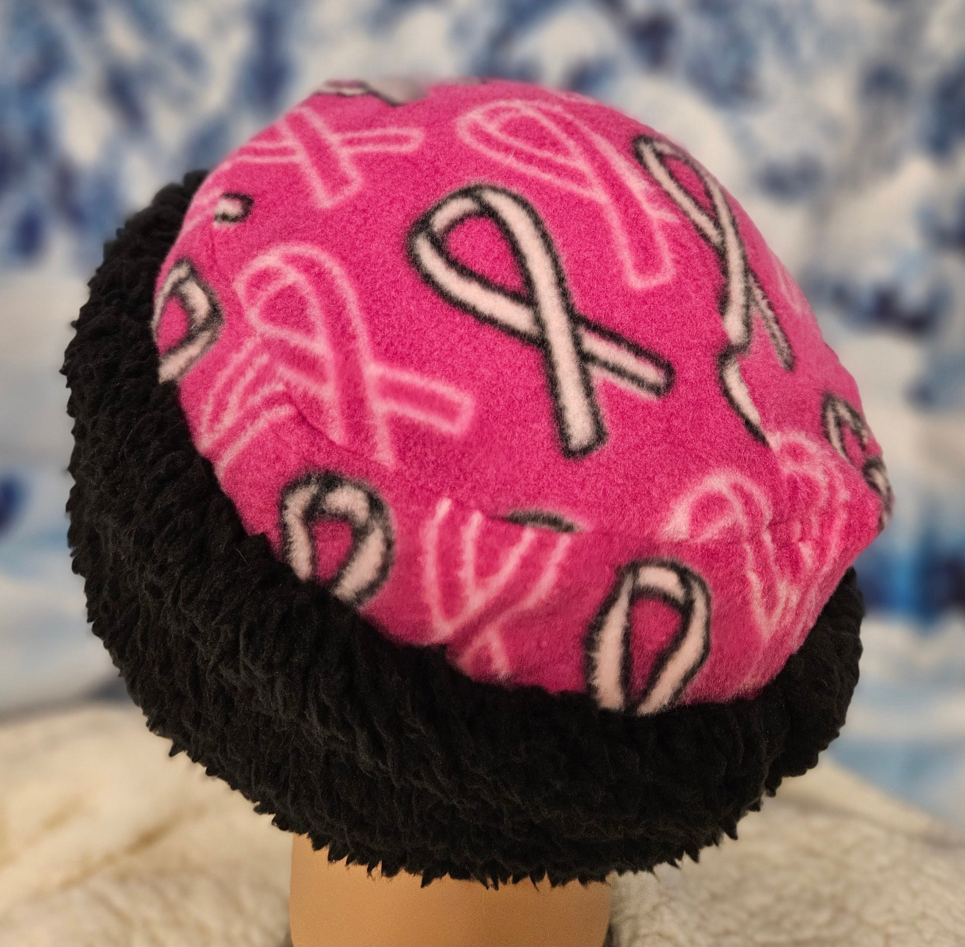 Pink with Ribbons and Black Sherpa Band Pillbox Style Hat with Ear Flaps, Women's Winter Hat, Hat with Fleece Top and Lining Fun Pillbox Hat