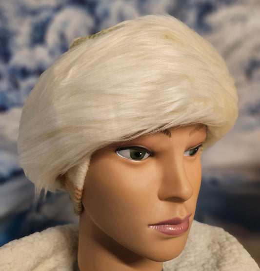 Cream FAUX FUR HAT, Pillbox Style Hat with Ear Flaps, Women's Winter Fur Hat, Fur Hat with Fleece Top and Lining