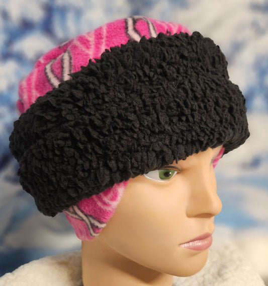 Pink with Ribbons and Black Sherpa Band Pillbox Style Hat with Ear Flaps, Women's Winter Hat, Hat with Fleece Top and Lining Fun Pillbox Hat