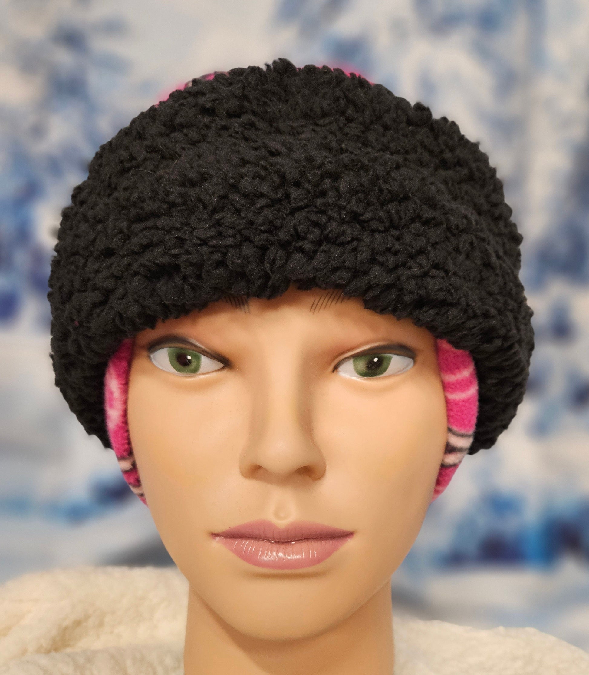 Pink with Ribbons and Black Sherpa Band Pillbox Style Hat with Ear Flaps, Women's Winter Hat, Hat with Fleece Top and Lining Fun Pillbox Hat