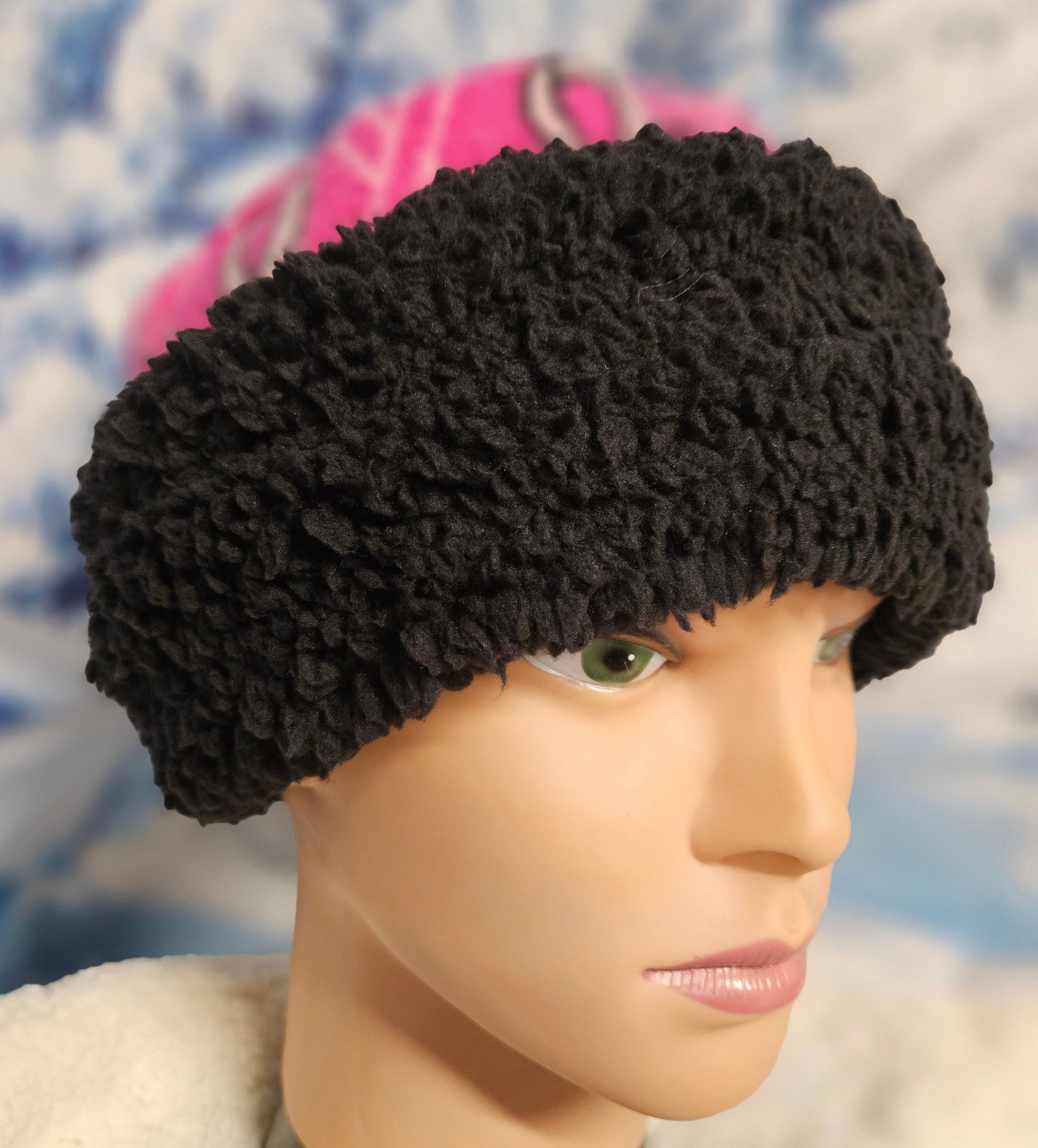 Pink with Ribbons and Black Sherpa Band Pillbox Style Hat with Ear Flaps, Women's Winter Hat, Hat with Fleece Top and Lining Fun Pillbox Hat