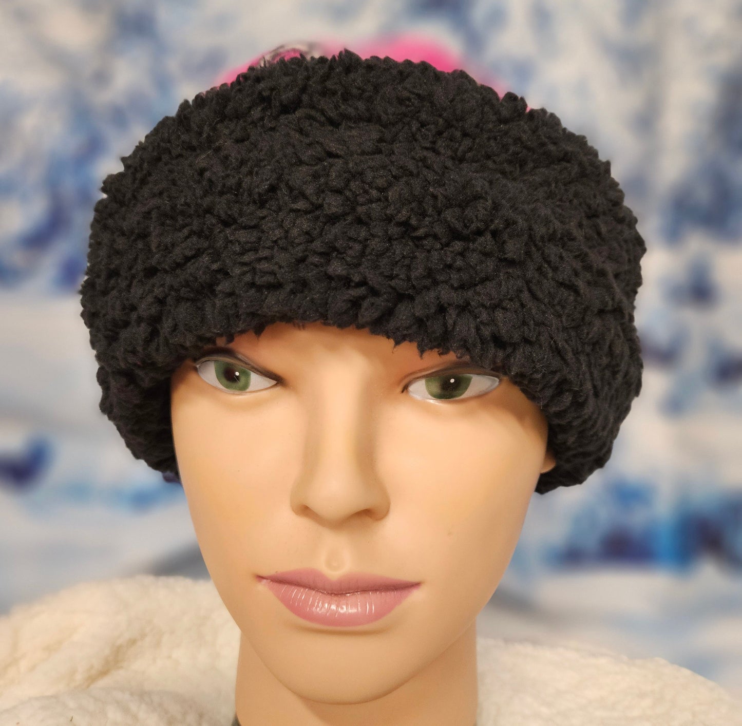 Pink with Ribbons and Black Sherpa Band Pillbox Style Hat with Ear Flaps, Women's Winter Hat, Hat with Fleece Top and Lining Fun Pillbox Hat