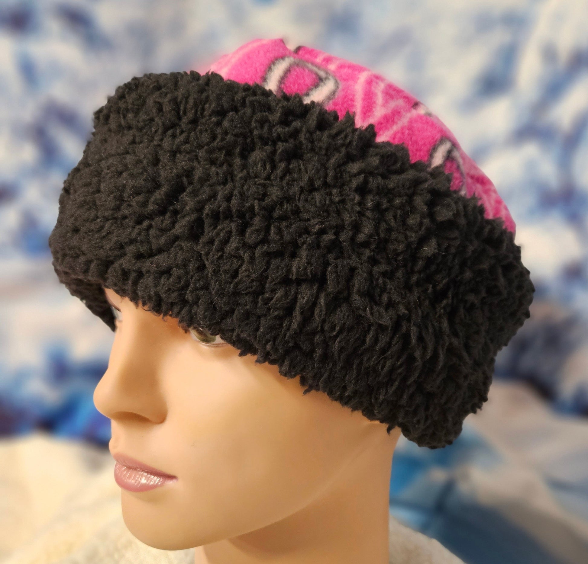 Pink with Ribbons and Black Sherpa Band Pillbox Style Hat with Ear Flaps, Women's Winter Hat, Hat with Fleece Top and Lining Fun Pillbox Hat