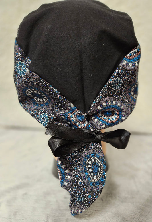 Black and Blue Medalions Print Ponytail Pouch Scrub Cap Extra Volume Size