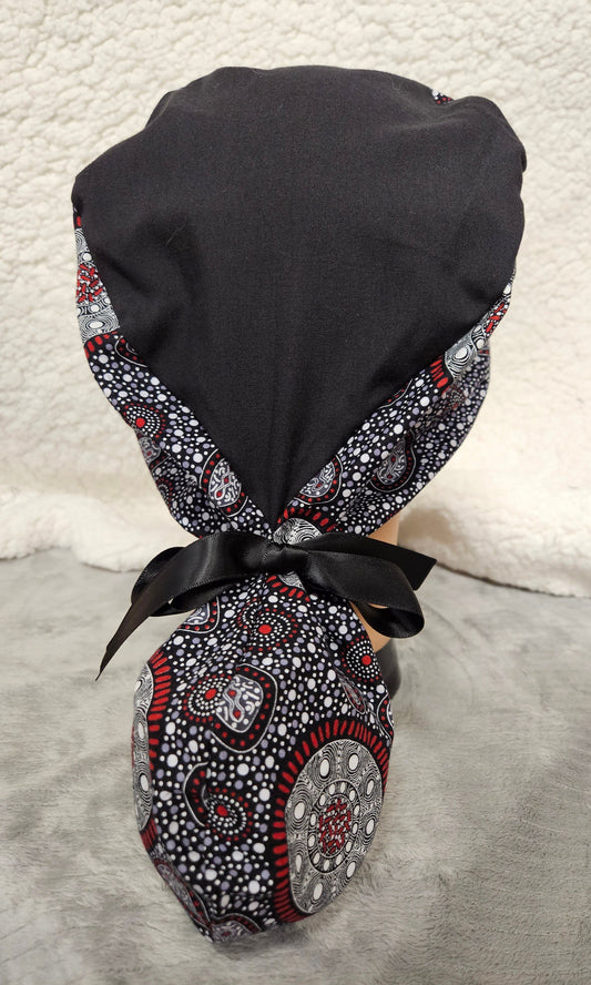 Black and Red Medalions Print Ponytail Pouch Scrub Cap Extra Volume Size