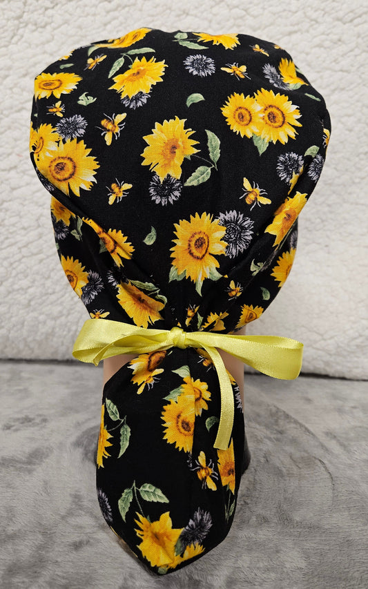 Sunflower Print Ponytail Pouch Scrub Cap Normal Volume Hair Size