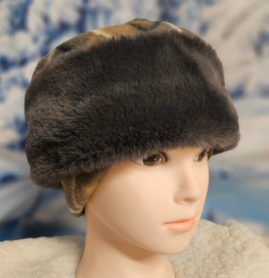 Gray Rabbit Faux Fur Pillbox Style Hat with Ear Flaps