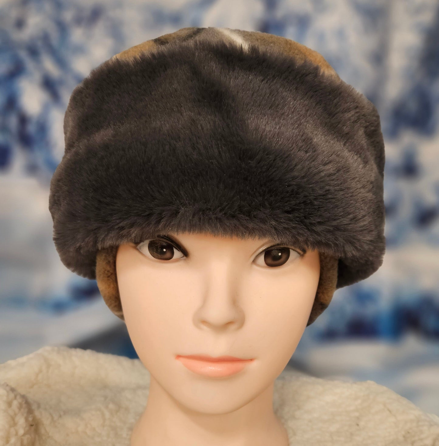 Gray Rabbit Faux Fur Pillbox Style Hat with Ear Flaps