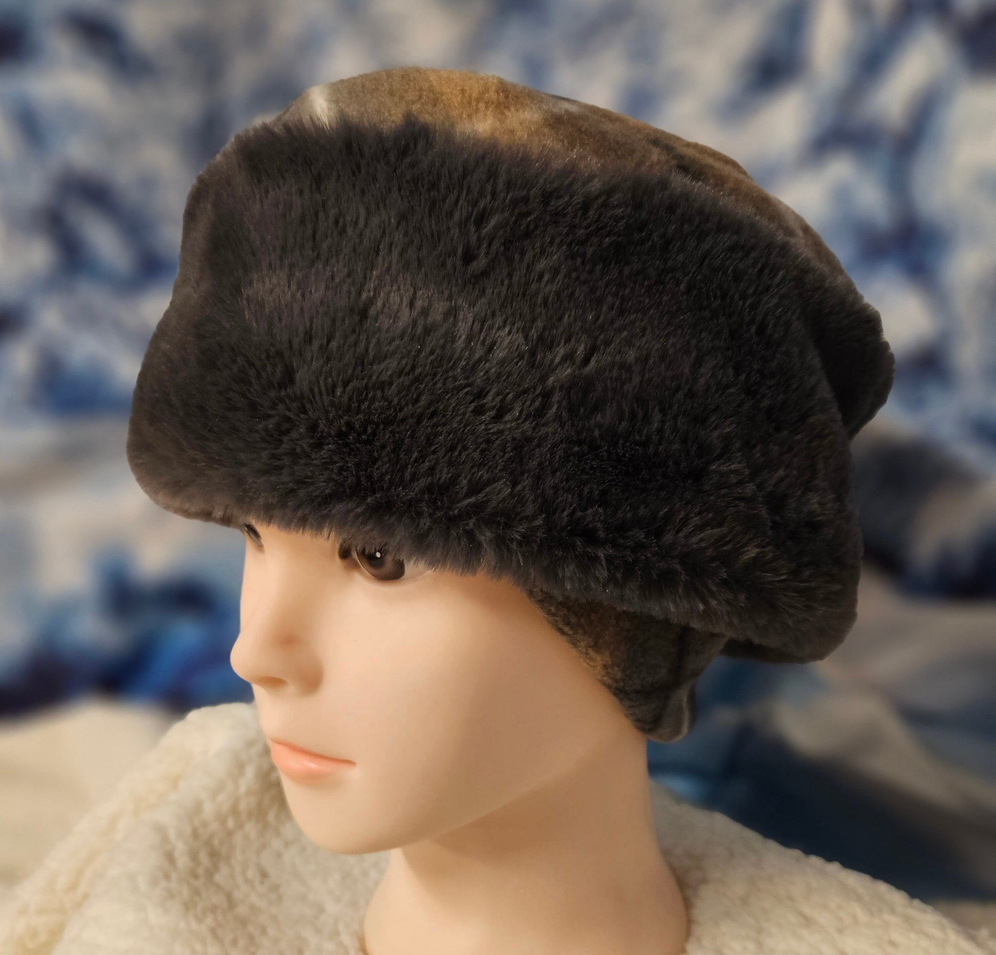 Gray Rabbit Faux Fur Pillbox Style Hat with Ear Flaps