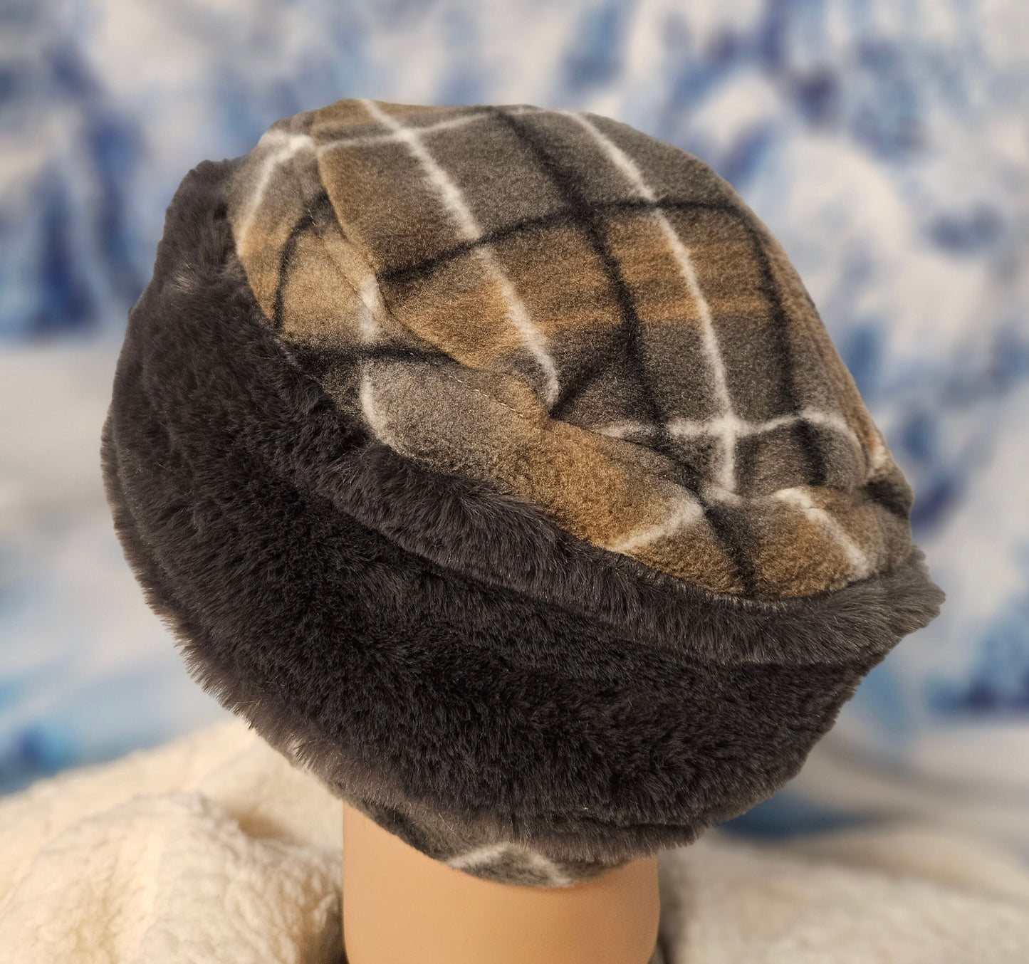 Gray Rabbit Faux Fur Pillbox Style Hat with Ear Flaps