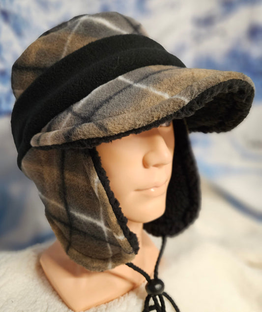 Brown Plaid Fleece Aviator Hat with Visor