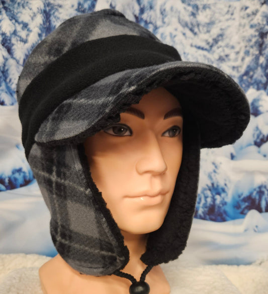 Gray Plaid Print Fleece Aviator Hat with Visor