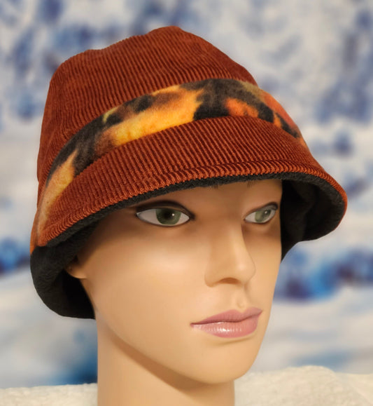 Burnt Orange Corduroy with Fall Print and Black Fleece Band Fall and Winter Fashion Hat