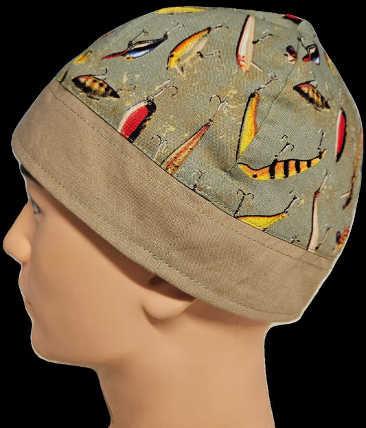 Fishing Lures and Beige Reversible Fitted Scrub Cap