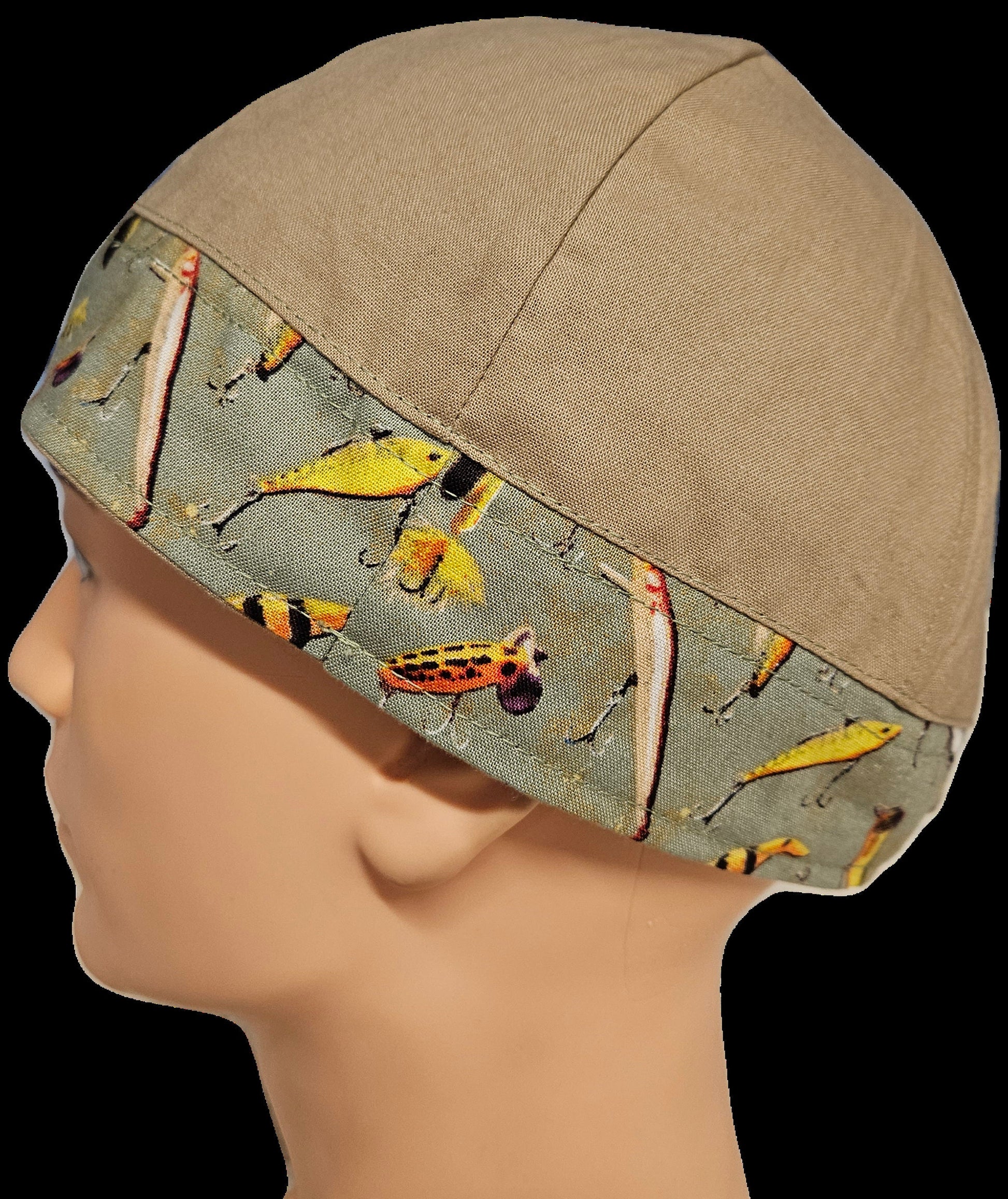 Fishing Lures and Beige Reversible Fitted Scrub Cap