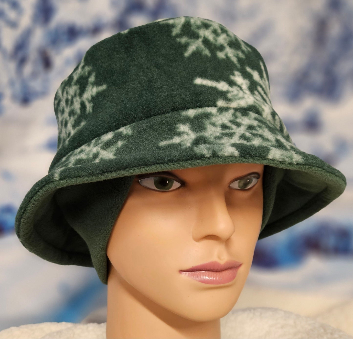 Green with Snowflakes Fleece Winter Bucket Hat with Attached Ear Warmers and Fingerless Gloves Set