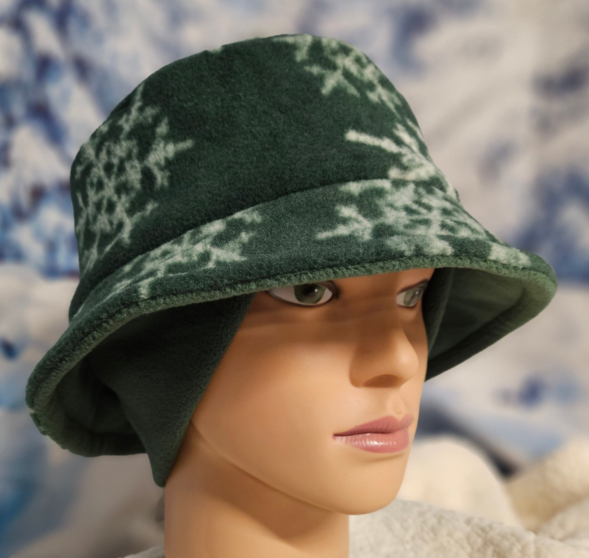 Green with Snowflakes Fleece Winter Bucket Hat with Attached Ear Warmers and Fingerless Gloves Set