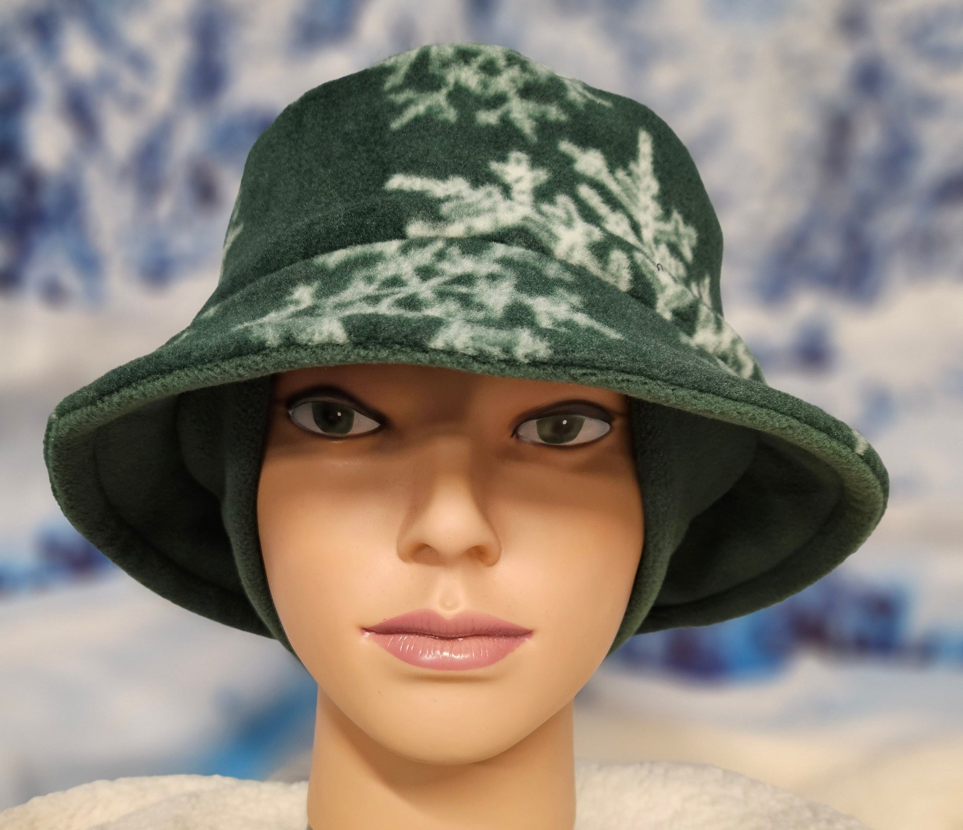 Green with Snowflakes Fleece Winter Bucket Hat with Attached Ear Warmers and Fingerless Gloves Set