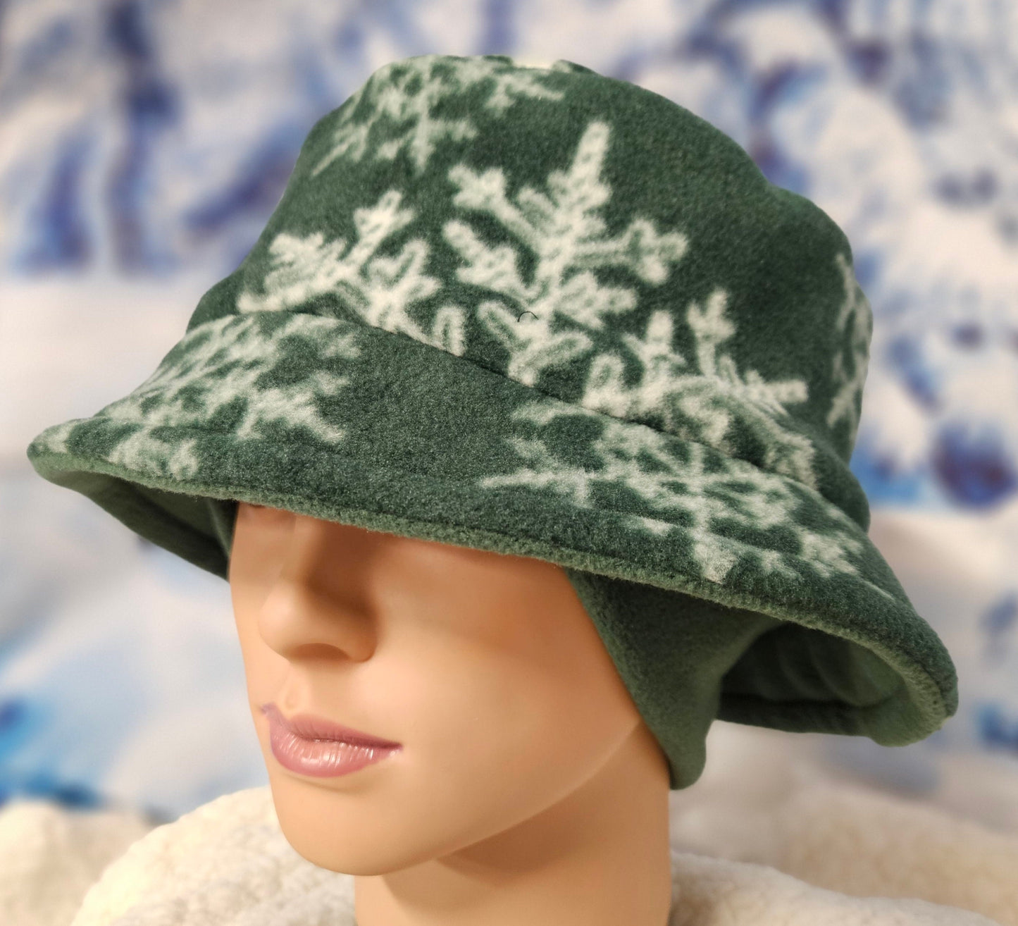 Green with Snowflakes Fleece Winter Bucket Hat with Attached Ear Warmers and Fingerless Gloves Set