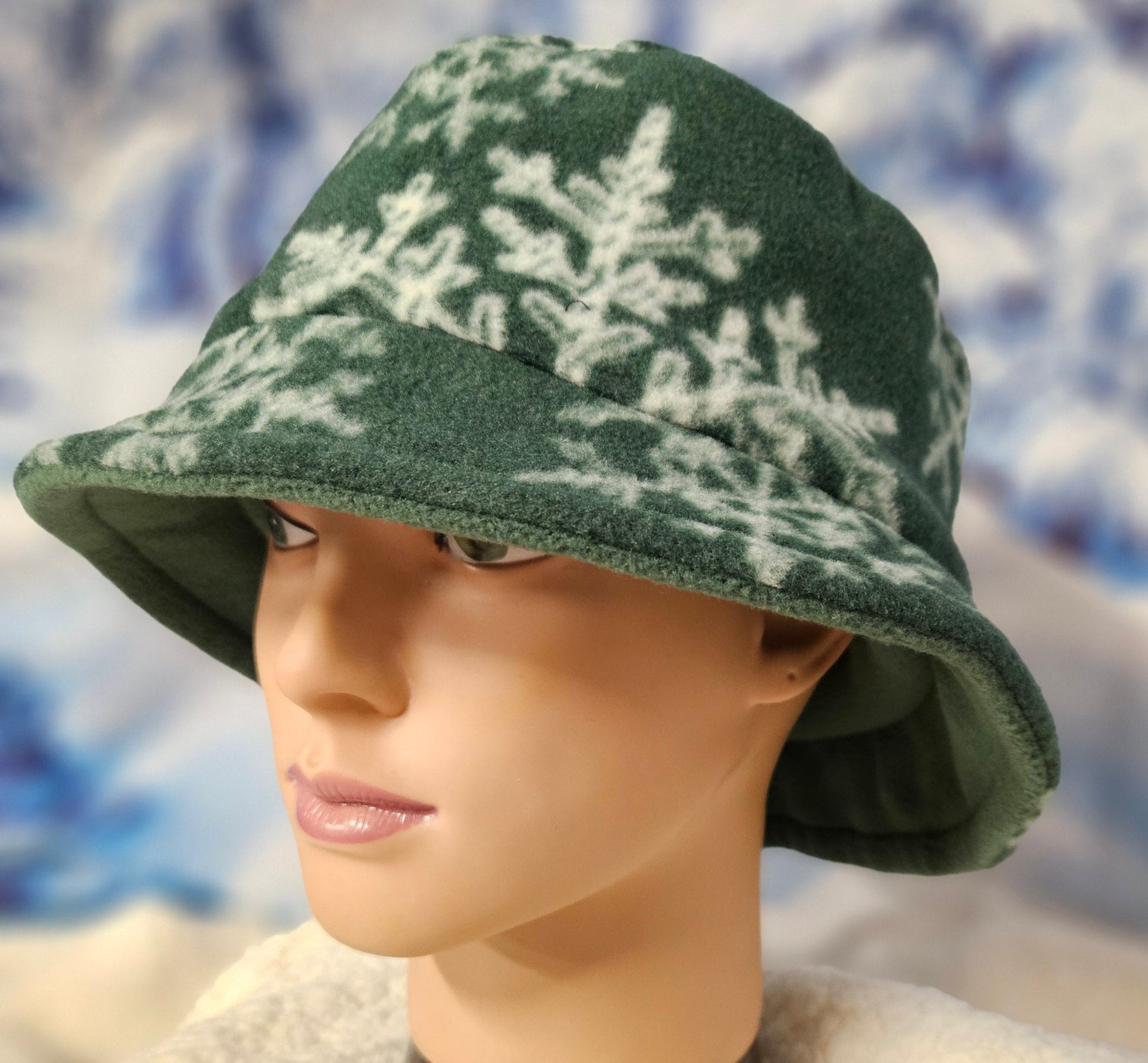 Green with Snowflakes Fleece Winter Bucket Hat with Attached Ear Warmers and Fingerless Gloves Set