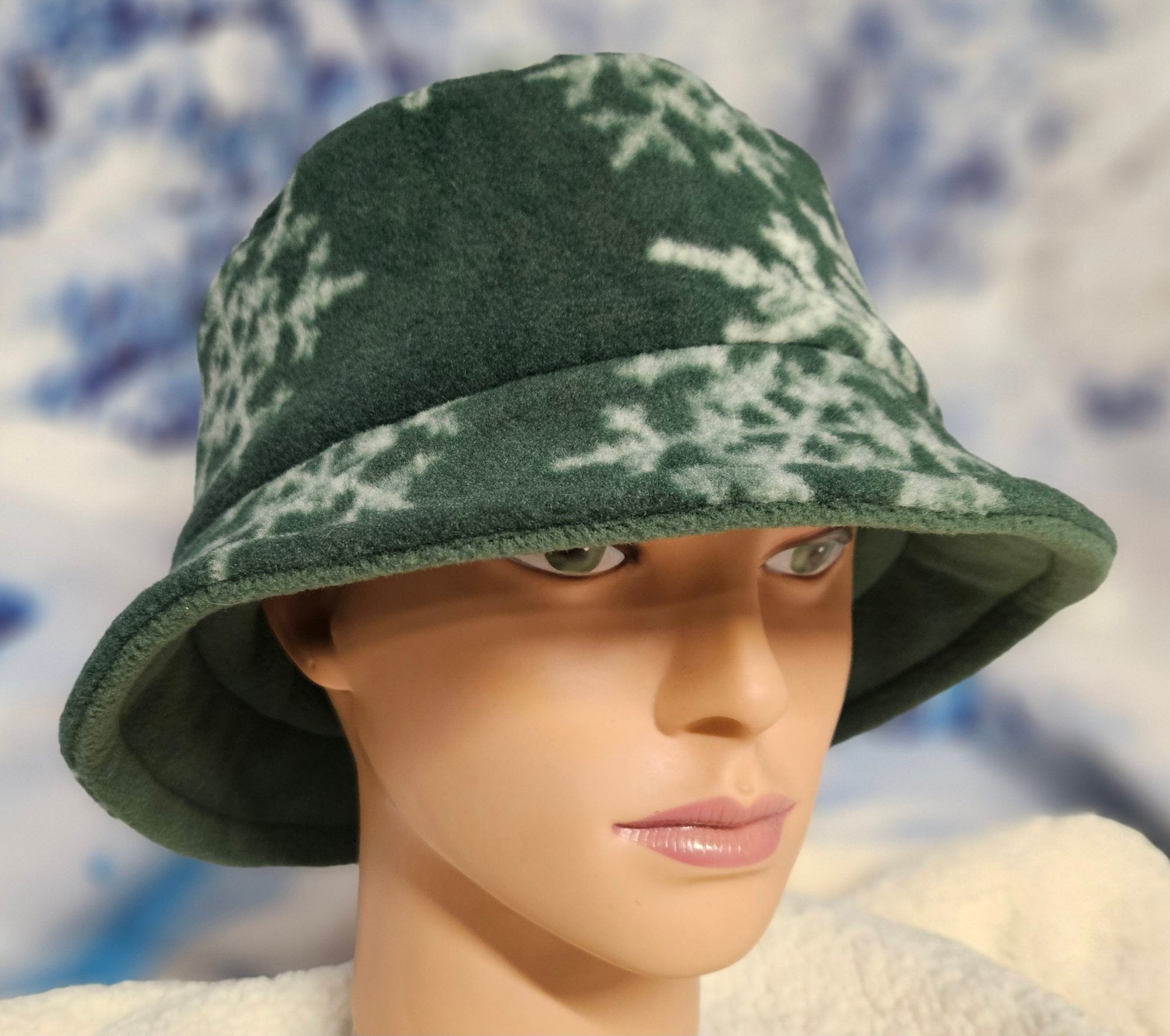 Green with Snowflakes Fleece Winter Bucket Hat with Attached Ear Warmers and Fingerless Gloves Set