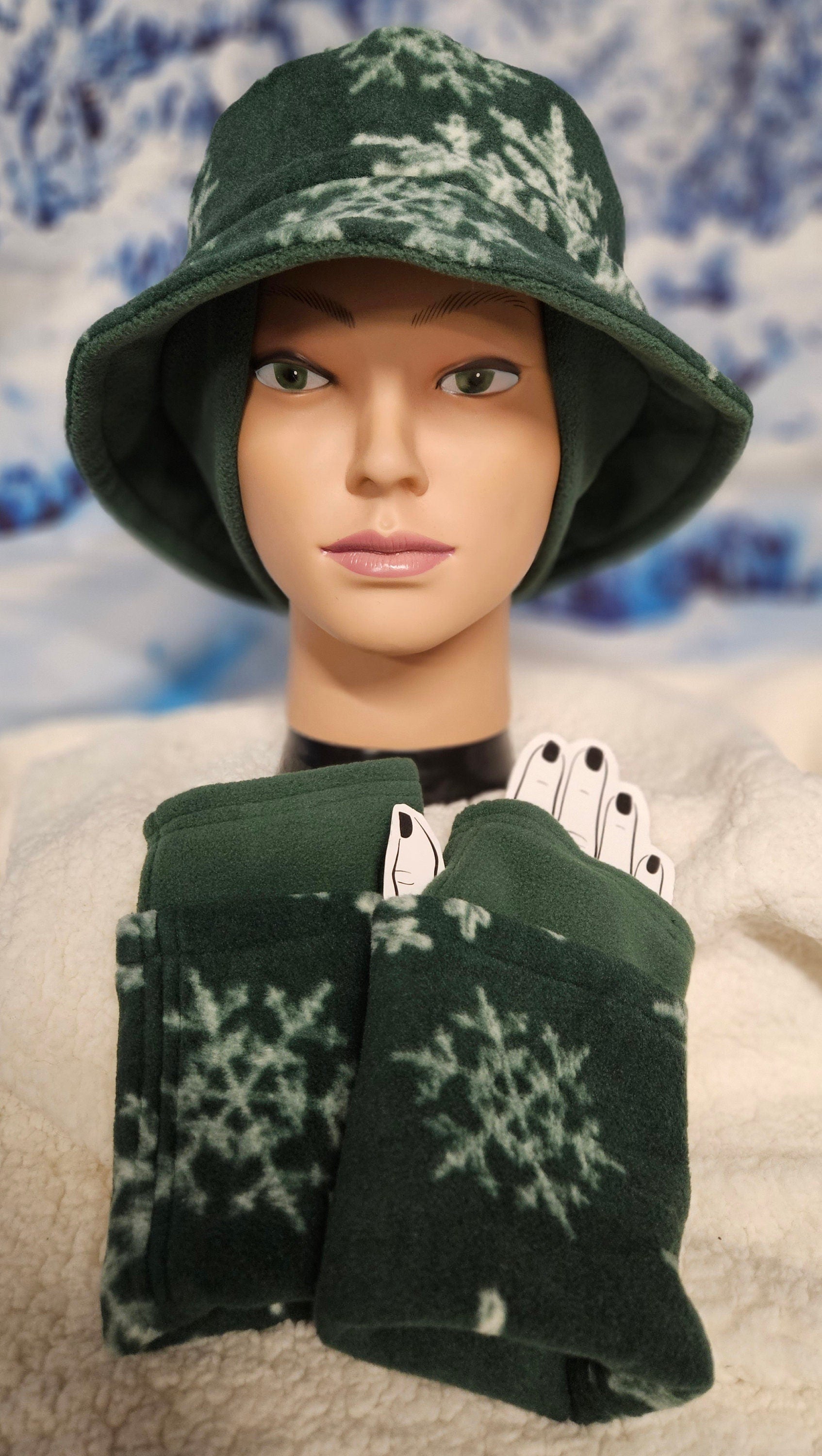 Green with Snowflakes Fleece Winter Bucket Hat with Attached Ear Warmers and Fingerless Gloves Set