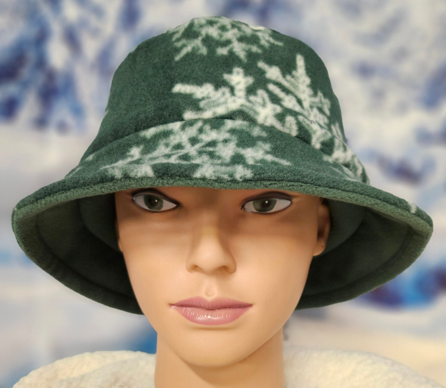 Green with Snowflakes Fleece Winter Bucket Hat with Attached Ear Warmers and Fingerless Gloves Set