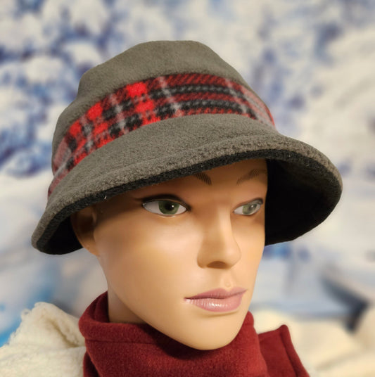 Gray and Red Plaid Fleece Winter Fashion Cap