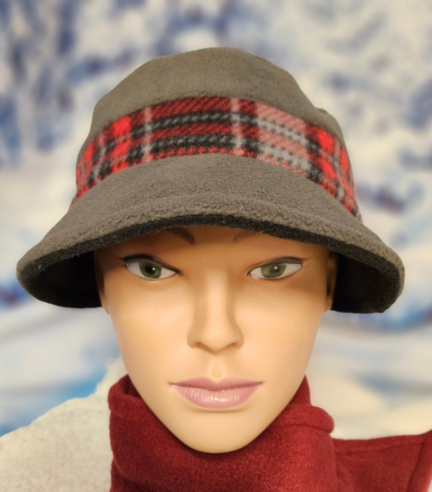 Gray and Red Plaid Fleece Winter Fashion Cap