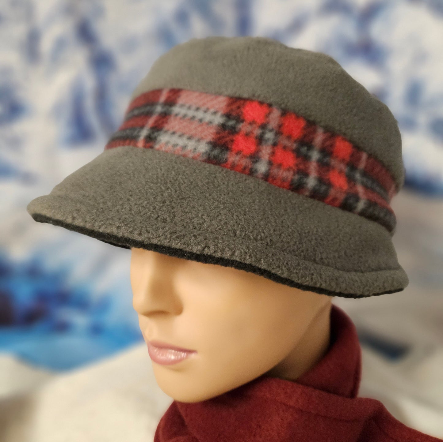 Gray and Red Plaid Fleece Winter Fashion Cap