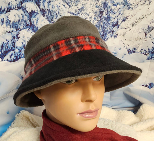 Gray with Red Plaid Print Winter Bucket Hat
