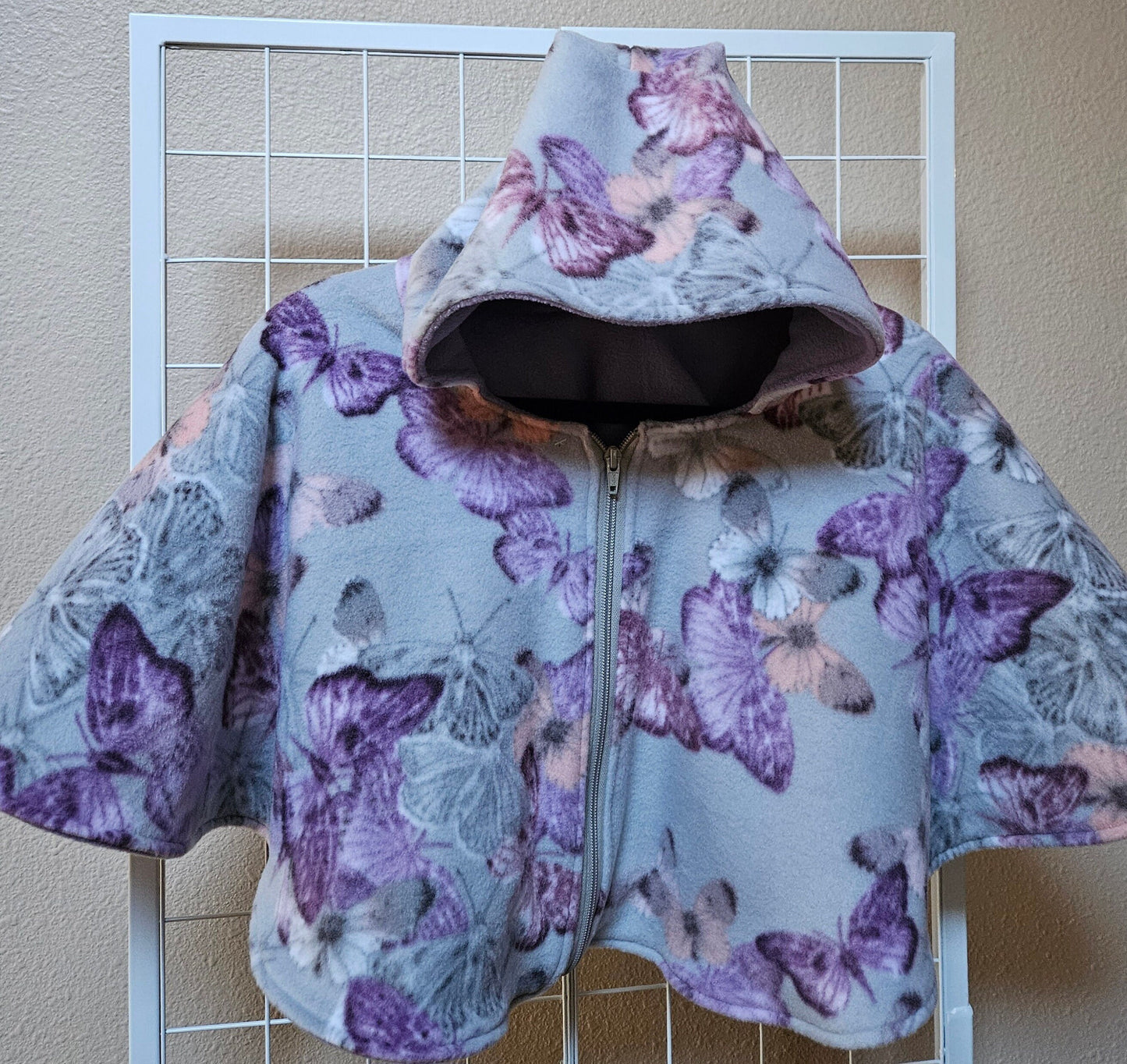 Butterflies Poncho, Car Seat Poncho, Toddler Poncho; Purple and Gray Butterflies; zippered cape