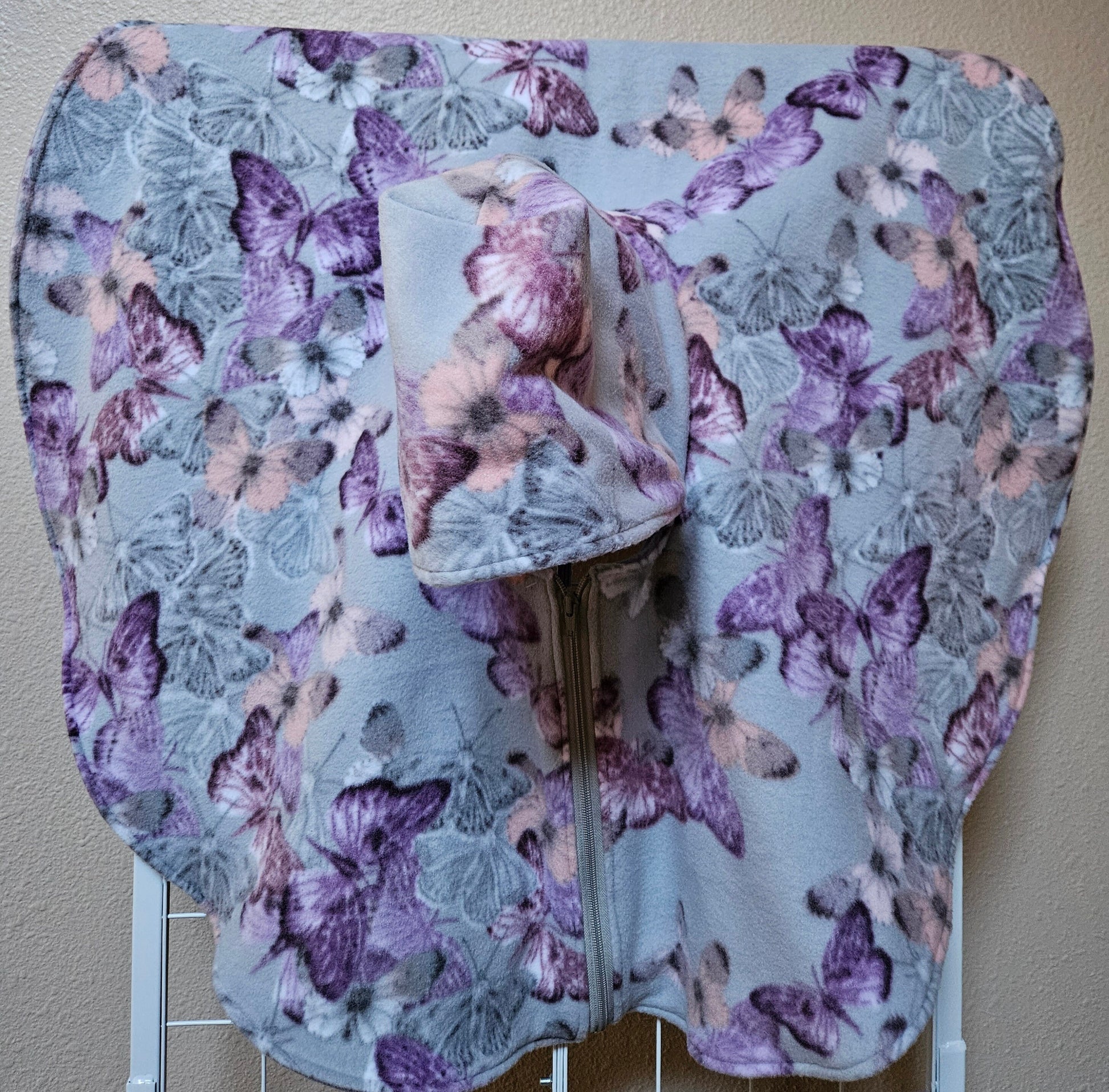 Butterflies Poncho, Car Seat Poncho, Toddler Poncho; Purple and Gray Butterflies; zippered cape