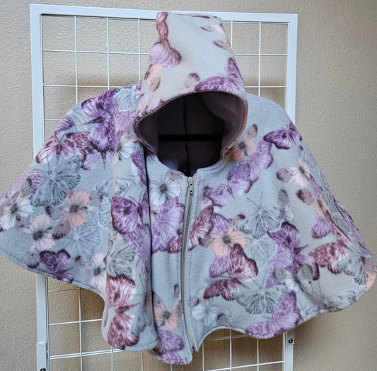 Butterflies Poncho, Car Seat Poncho, Toddler Poncho; Purple and Gray Butterflies; zippered cape