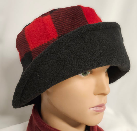 Red and Black Buffalo Check with Black Flapper Anti Pill Fleece Winter Flapper Hat