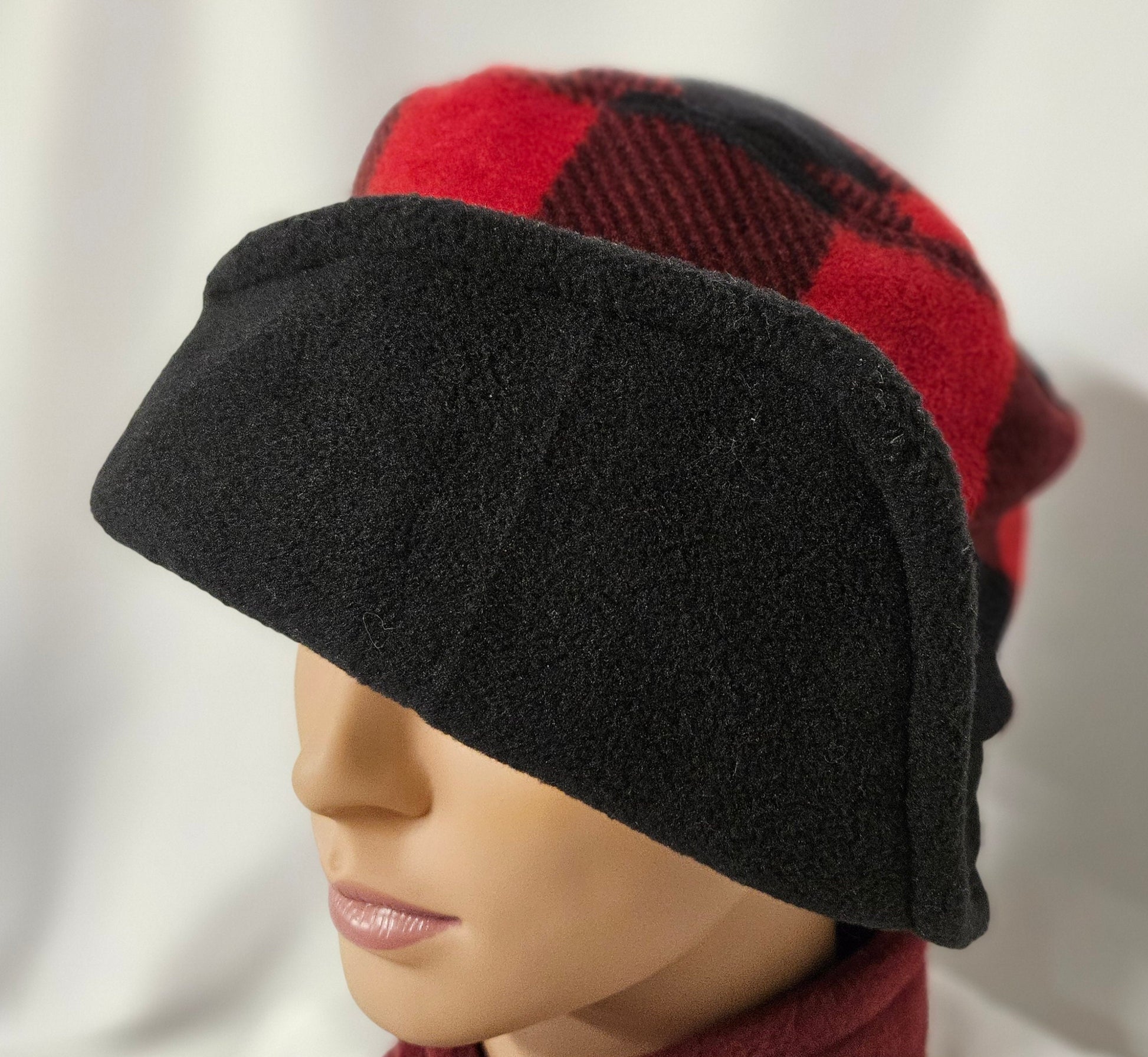 Red and Black Buffalo Check with Black Flapper Anti Pill Fleece Winter Flapper Hat