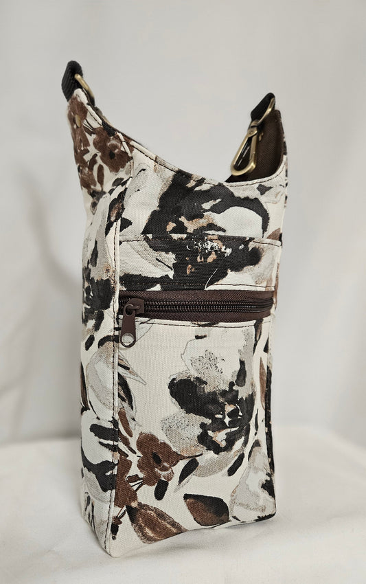 Large Floral Tan Cotton Canvas H2O Sling Bag, Crossbody Sling, Travel Sling for water bottles