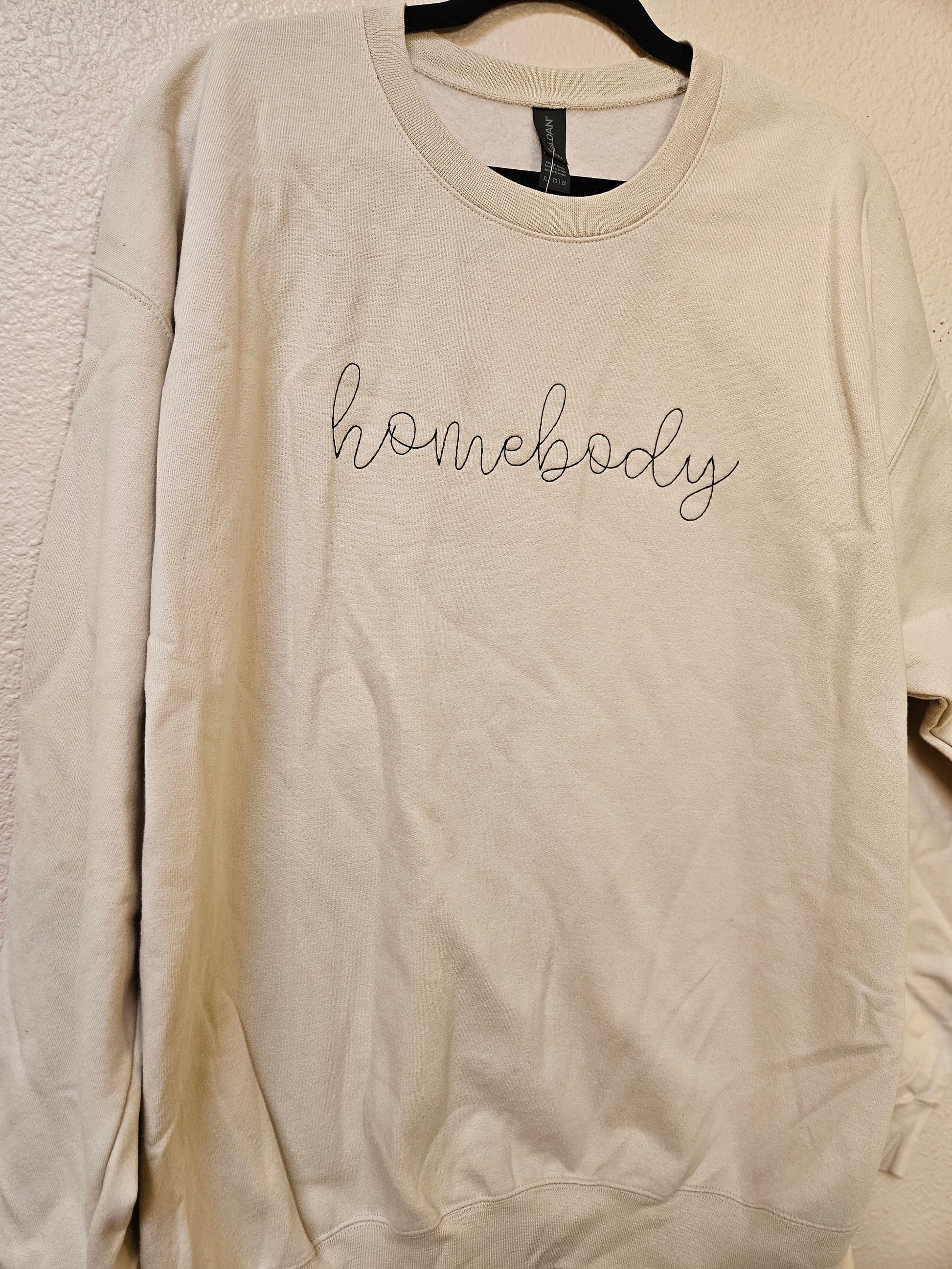 Sand Homebody Embroidered Sweatshirt with Black lettering, Cozy Homebody Crewneck Sweatshirt