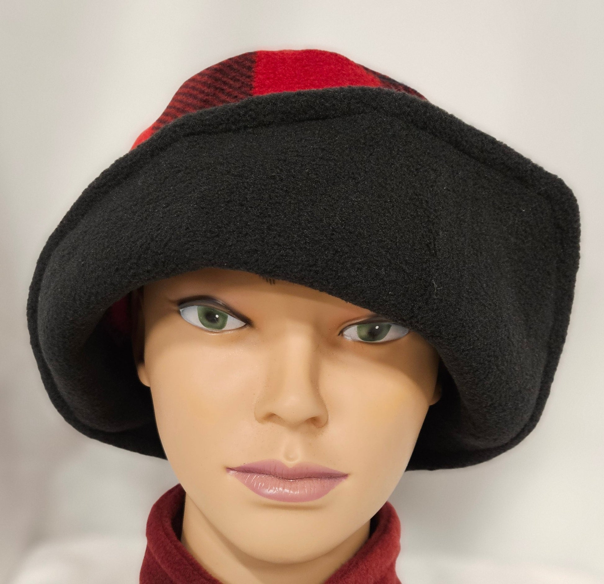 Red and Black Buffalo Check with Black Flapper Anti Pill Fleece Winter Flapper Hat