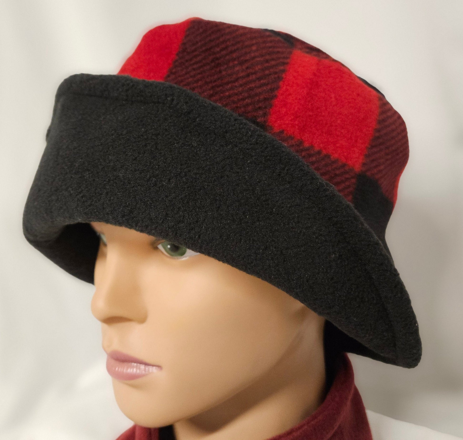 Red and Black Buffalo Check with Black Flapper Anti Pill Fleece Winter Flapper Hat