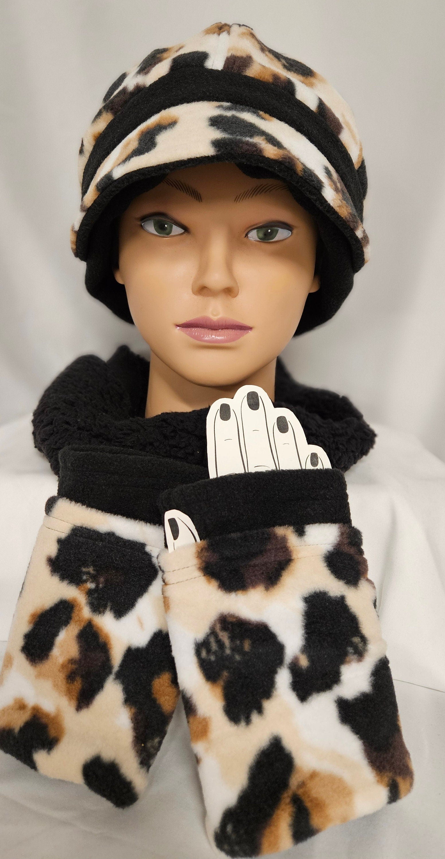 Animal Spots Fleece Fall and Winter Fashion Hat with Animal Spots Visor and Black Band and Ear Warmer; Women's Fleece Hat with Visor
