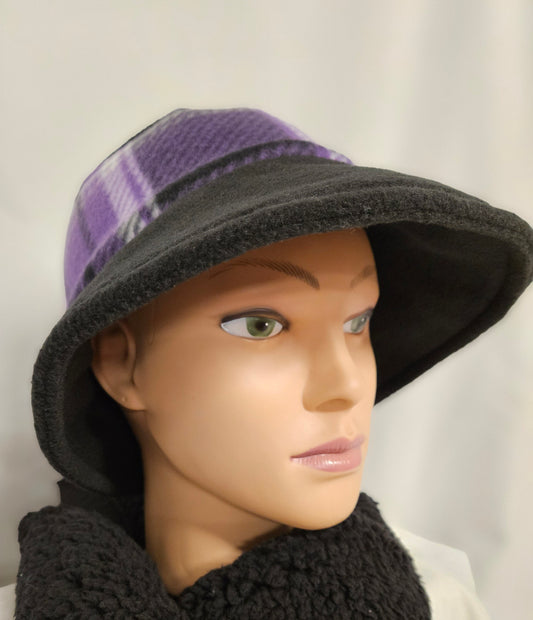 Purple Plaid Print Fleece Wide Brim Winter Rosie Hat