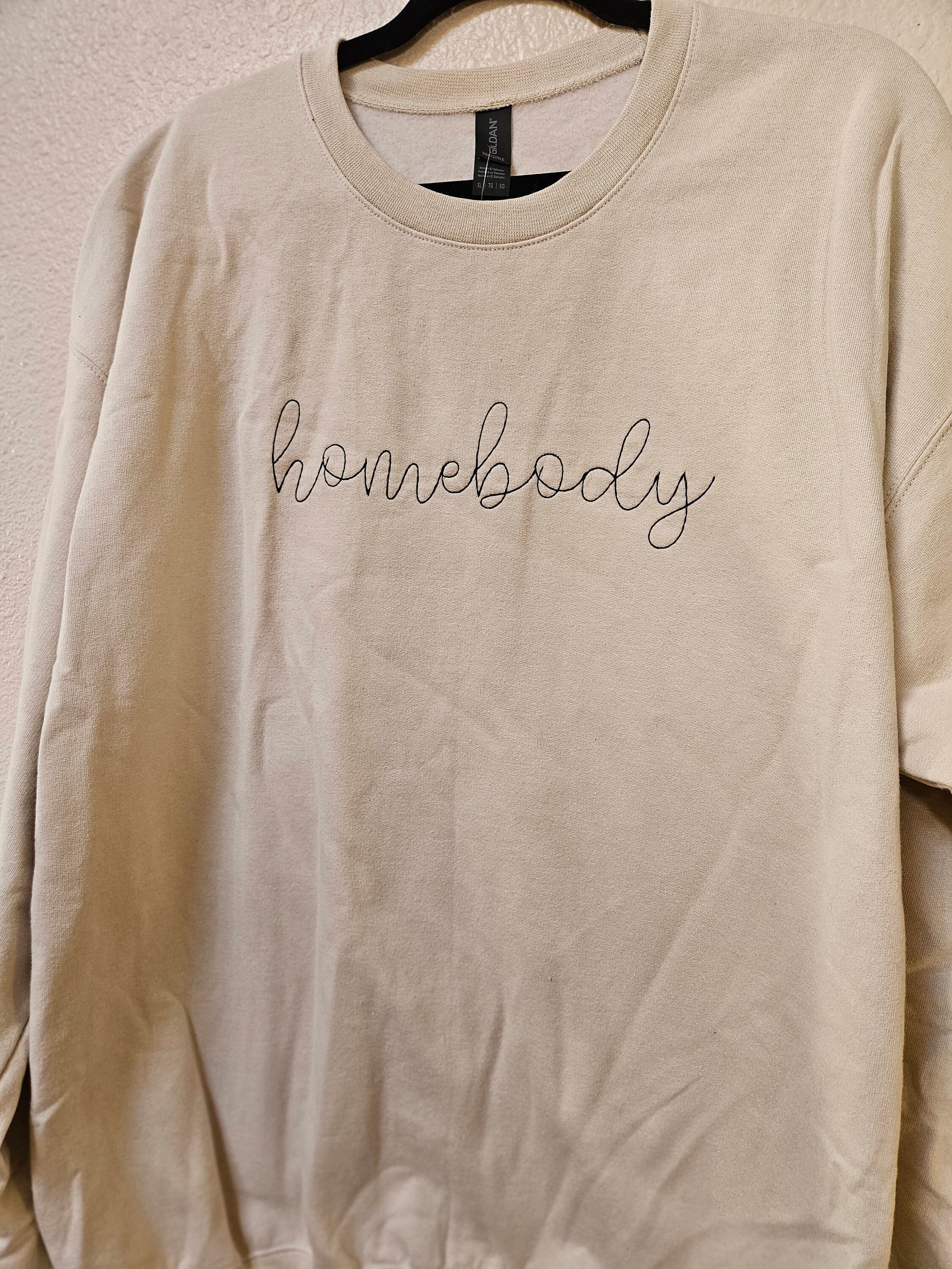 Sand Homebody Embroidered Sweatshirt with Black lettering, Cozy Homebody Crewneck Sweatshirt