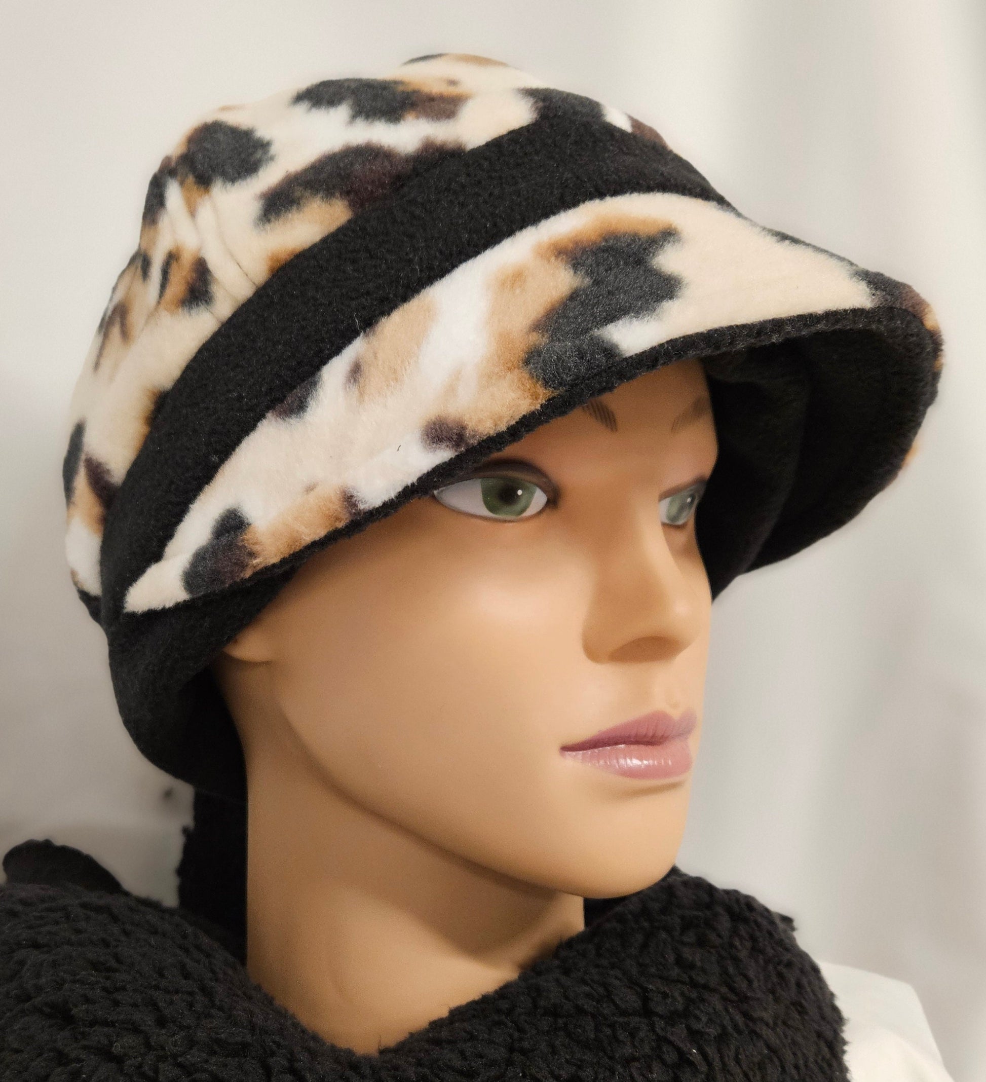 Animal Spots Fleece Fall and Winter Fashion Hat with Animal Spots Visor and Black Band and Ear Warmer; Women's Fleece Hat with Visor