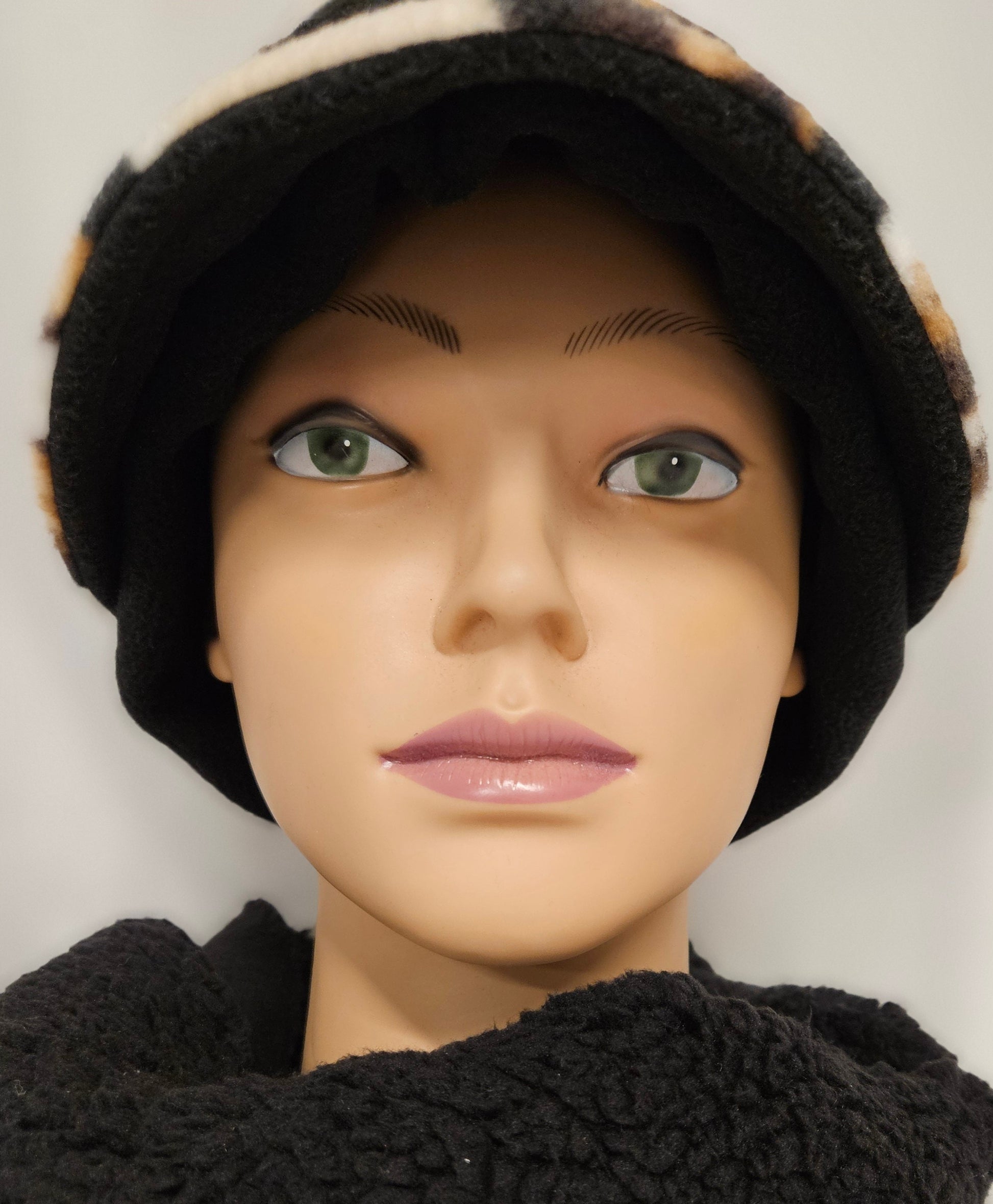 Animal Spots Fleece Fall and Winter Fashion Hat with Animal Spots Visor and Black Band and Ear Warmer; Women's Fleece Hat with Visor