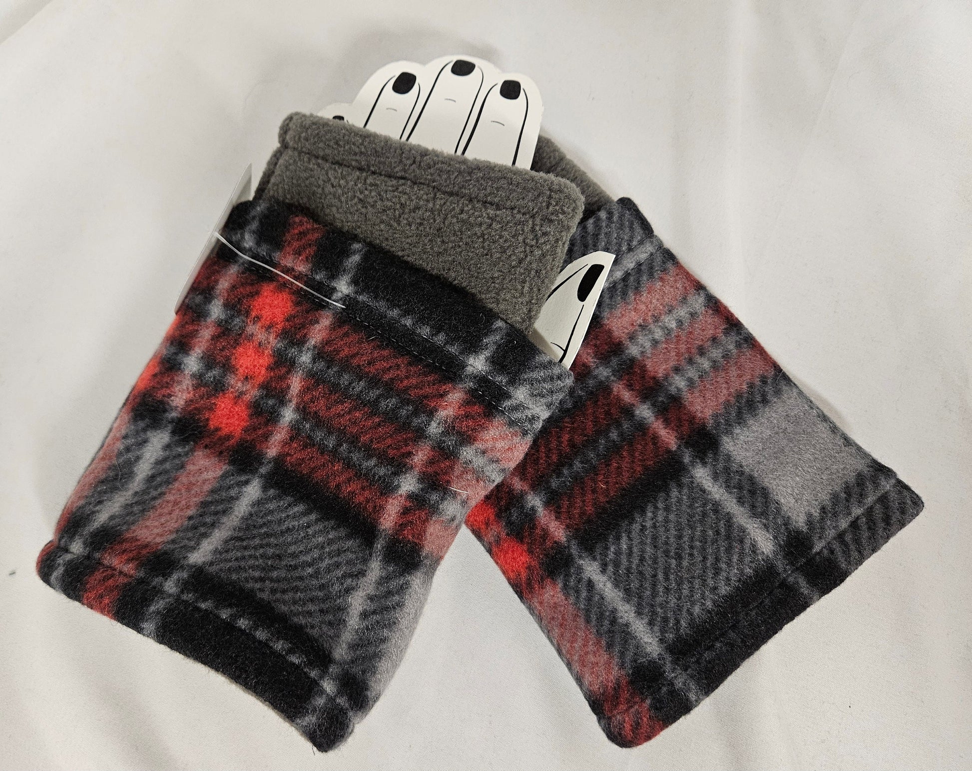 Gray and Red Plaid Print Fleece Fingerless Gloves
