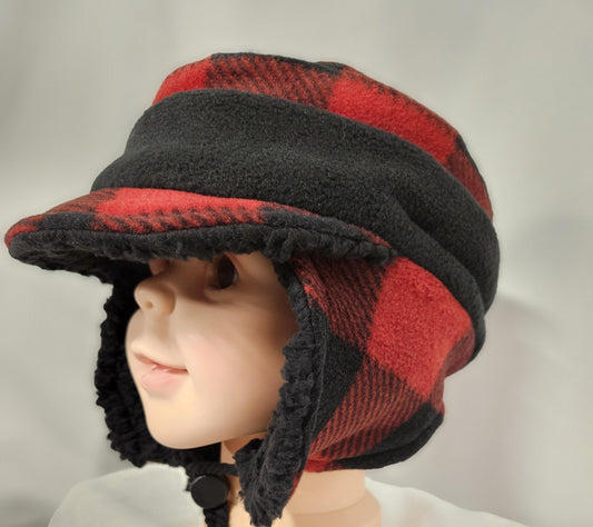 Red and Black Buffalo Check Fleece Aviator Hat with Visor