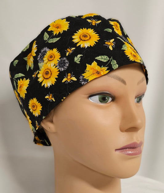 Sunflower Print Scrub Cap with hook and loop fasteners