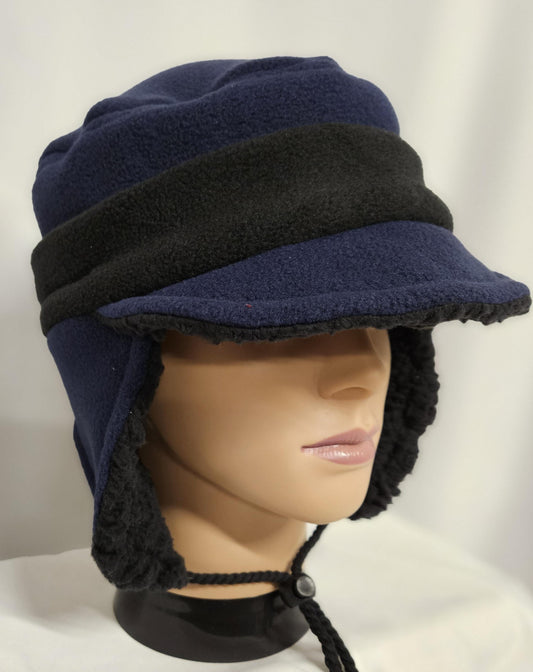 Navy Blue with Black Accents Anti Pill Fleece Aviator Hat with Visor